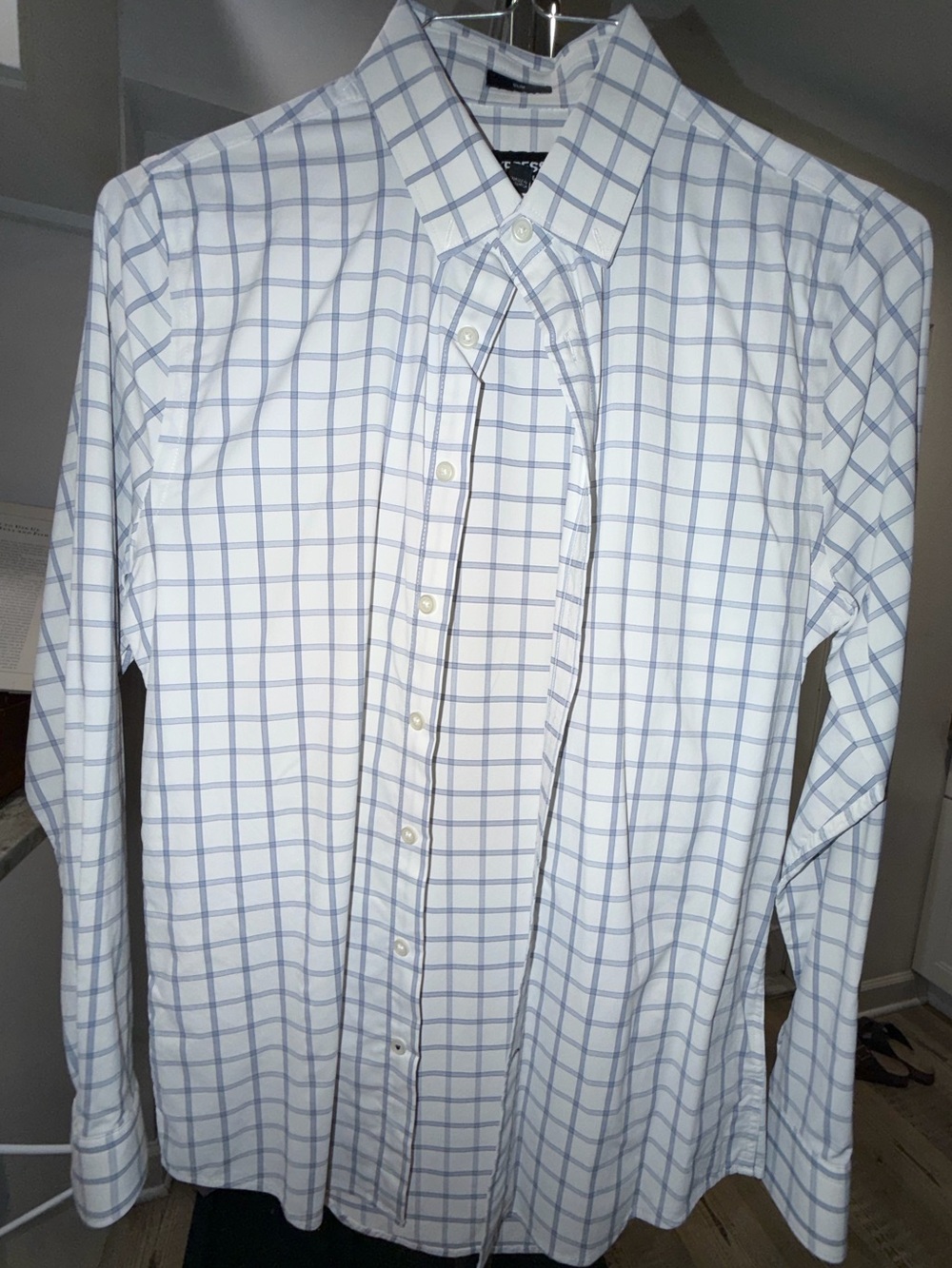 Express Men's White Dress Shirt with Light Blue Windowpane Check